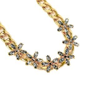 Necklace Marquise Faceted Rhinestone Gray Flowers Gold Tone Curb Chain Statement